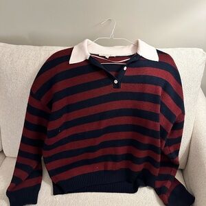 Wayf Striped Rugby Sweater with White Collar - Navy & Burgundy - worn once
